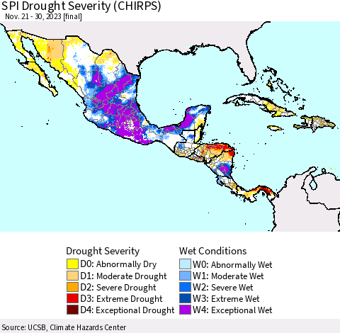 Mexico Central America and the Caribbean SPI Drought Severity (CHIRPS) Thematic Map For 11/21/2023 - 11/30/2023