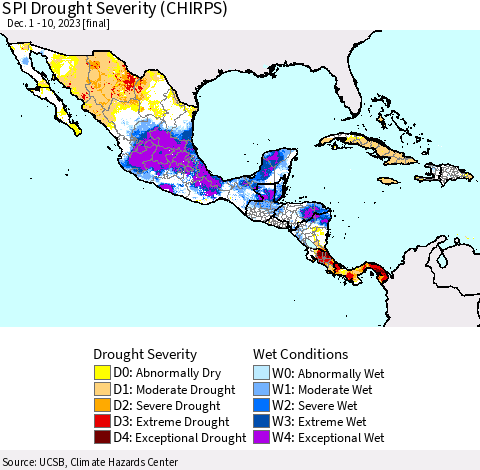 Mexico Central America and the Caribbean SPI Drought Severity (CHIRPS) Thematic Map For 12/1/2023 - 12/10/2023