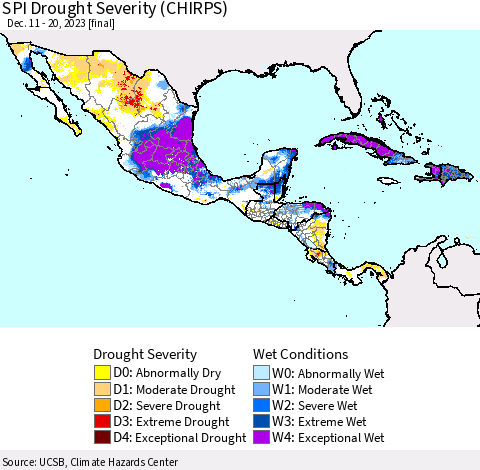 Mexico Central America and the Caribbean SPI Drought Severity (CHIRPS) Thematic Map For 12/11/2023 - 12/20/2023