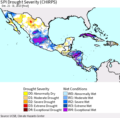 Mexico Central America and the Caribbean SPI Drought Severity (CHIRPS) Thematic Map For 12/21/2023 - 12/31/2023