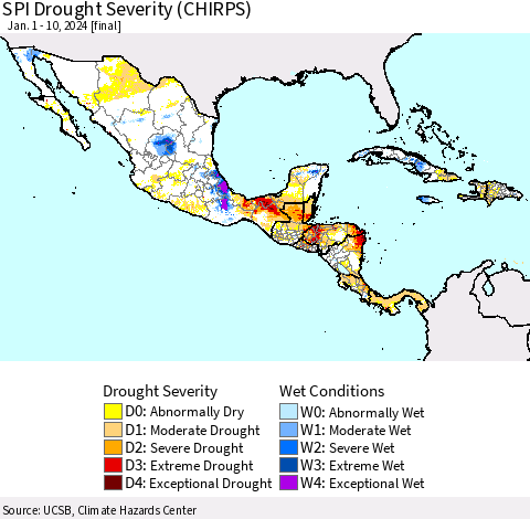 Mexico Central America and the Caribbean SPI Drought Severity (CHIRPS) Thematic Map For 1/1/2024 - 1/10/2024