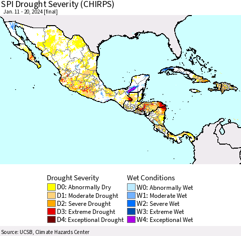 Mexico Central America and the Caribbean SPI Drought Severity (CHIRPS) Thematic Map For 1/11/2024 - 1/20/2024