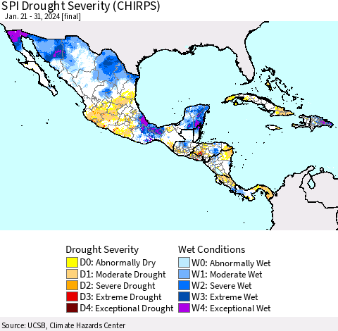 Mexico Central America and the Caribbean SPI Drought Severity (CHIRPS) Thematic Map For 1/21/2024 - 1/31/2024