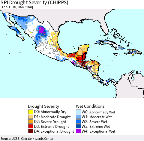 Mexico Central America and the Caribbean SPI Drought Severity (CHIRPS) Thematic Map For 2/1/2024 - 2/10/2024
