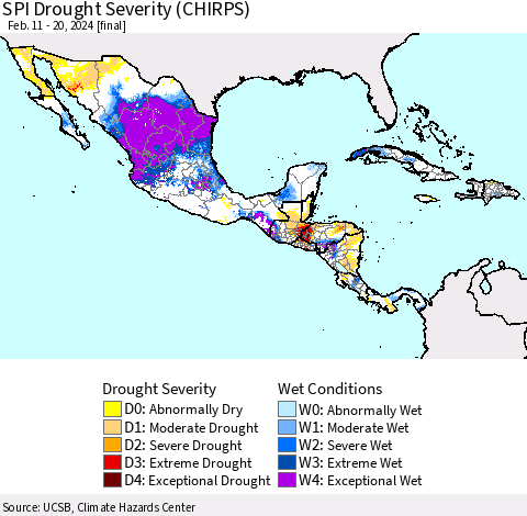 Mexico Central America and the Caribbean SPI Drought Severity (CHIRPS) Thematic Map For 2/11/2024 - 2/20/2024