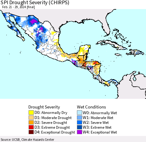 Mexico Central America and the Caribbean SPI Drought Severity (CHIRPS) Thematic Map For 2/21/2024 - 2/29/2024