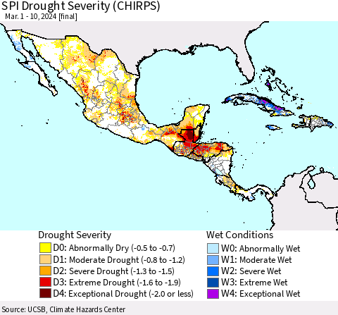 Mexico Central America and the Caribbean SPI Drought Severity (CHIRPS) Thematic Map For 3/1/2024 - 3/10/2024