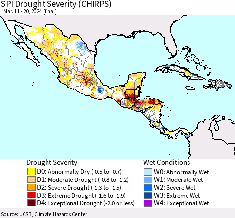 Mexico Central America and the Caribbean SPI Drought Severity (CHIRPS) Thematic Map For 3/11/2024 - 3/20/2024