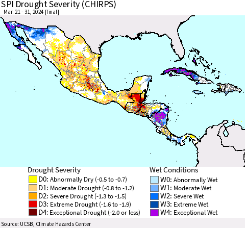 Mexico Central America and the Caribbean SPI Drought Severity (CHIRPS) Thematic Map For 3/21/2024 - 3/31/2024