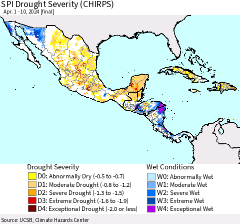 Mexico Central America and the Caribbean SPI Drought Severity (CHIRPS) Thematic Map For 4/1/2024 - 4/10/2024
