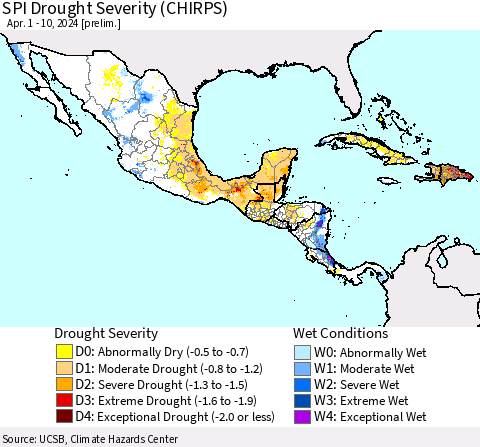 Mexico Central America and the Caribbean SPI Drought Severity (CHIRPS) Thematic Map For 4/1/2024 - 4/10/2024