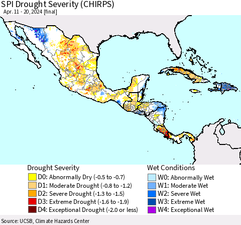 Mexico Central America and the Caribbean SPI Drought Severity (CHIRPS) Thematic Map For 4/11/2024 - 4/20/2024