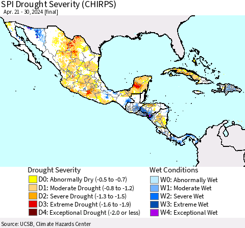 Mexico Central America and the Caribbean SPI Drought Severity (CHIRPS) Thematic Map For 4/21/2024 - 4/30/2024