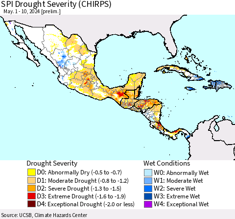 Mexico Central America and the Caribbean SPI Drought Severity (CHIRPS) Thematic Map For 5/1/2024 - 5/10/2024