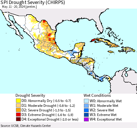 Mexico Central America and the Caribbean SPI Drought Severity (CHIRPS) Thematic Map For 5/11/2024 - 5/20/2024