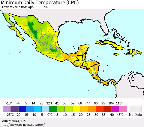 Mexico Central America and the Caribbean Minimum Daily Temperature (CPC) Thematic Map For 4/5/2021 - 4/11/2021