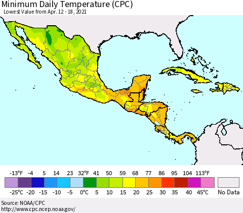 Mexico Central America and the Caribbean Minimum Daily Temperature (CPC) Thematic Map For 4/12/2021 - 4/18/2021