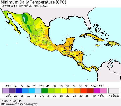 Mexico Central America and the Caribbean Minimum Daily Temperature (CPC) Thematic Map For 4/26/2021 - 5/2/2021