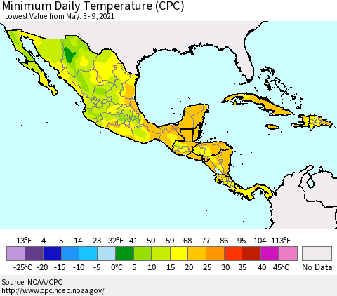 Mexico Central America and the Caribbean Minimum Daily Temperature (CPC) Thematic Map For 5/3/2021 - 5/9/2021