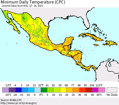 Mexico Central America and the Caribbean Minimum Daily Temperature (CPC) Thematic Map For 5/10/2021 - 5/16/2021