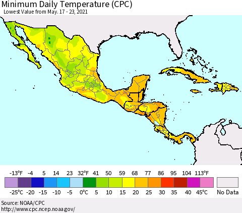 Mexico Central America and the Caribbean Minimum Daily Temperature (CPC) Thematic Map For 5/17/2021 - 5/23/2021