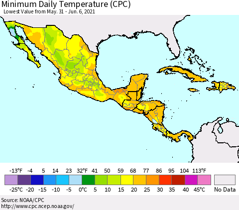 Mexico Central America and the Caribbean Minimum Daily Temperature (CPC) Thematic Map For 5/31/2021 - 6/6/2021