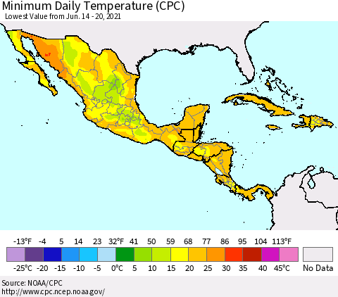 Mexico Central America and the Caribbean Minimum Daily Temperature (CPC) Thematic Map For 6/14/2021 - 6/20/2021