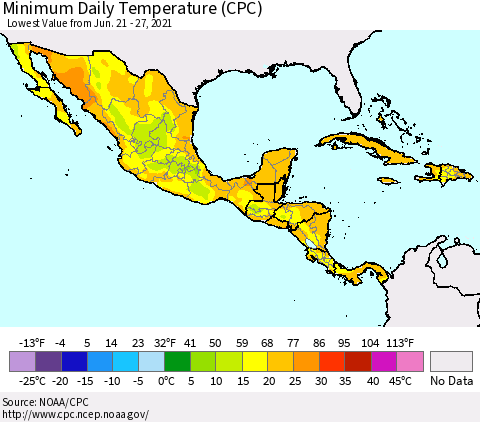 Mexico Central America and the Caribbean Minimum Daily Temperature (CPC) Thematic Map For 6/21/2021 - 6/27/2021