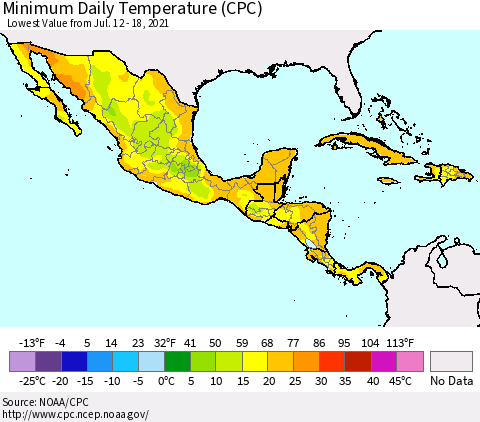 Mexico Central America and the Caribbean Minimum Daily Temperature (CPC) Thematic Map For 7/12/2021 - 7/18/2021