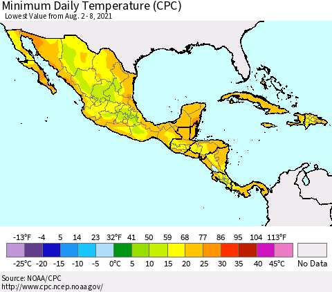 Mexico Central America and the Caribbean Minimum Daily Temperature (CPC) Thematic Map For 8/2/2021 - 8/8/2021