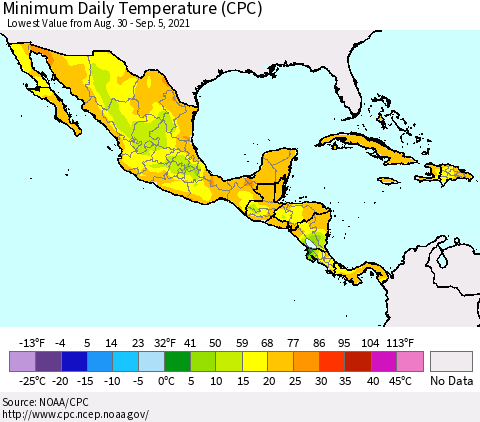 Mexico Central America and the Caribbean Minimum Daily Temperature (CPC) Thematic Map For 8/30/2021 - 9/5/2021