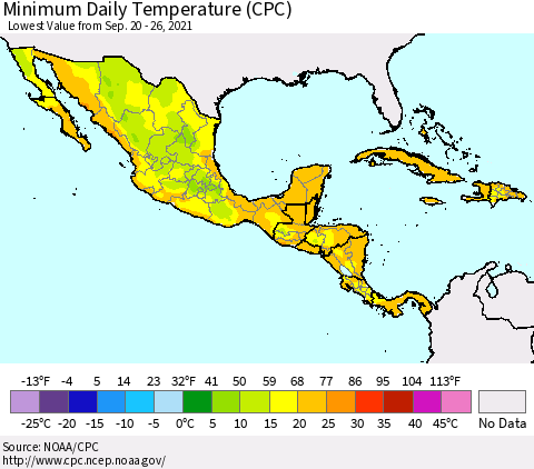 Mexico Central America and the Caribbean Minimum Daily Temperature (CPC) Thematic Map For 9/20/2021 - 9/26/2021