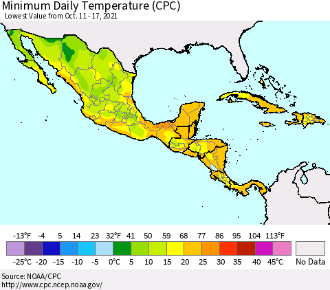 Mexico Central America and the Caribbean Minimum Daily Temperature (CPC) Thematic Map For 10/11/2021 - 10/17/2021