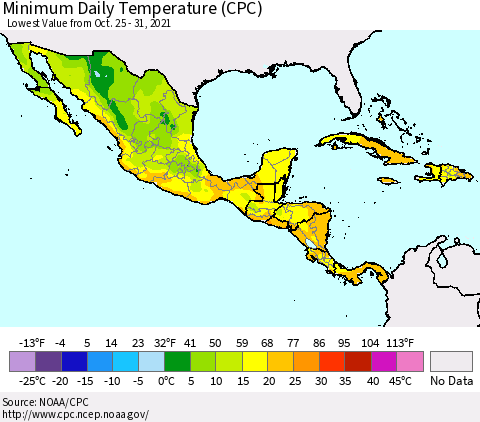 Mexico Central America and the Caribbean Minimum Daily Temperature (CPC) Thematic Map For 10/25/2021 - 10/31/2021