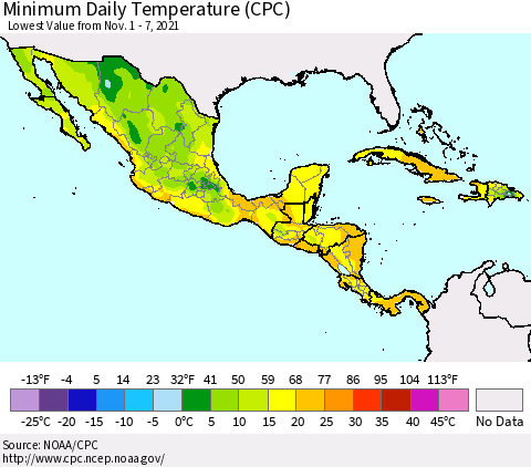 Mexico Central America and the Caribbean Minimum Daily Temperature (CPC) Thematic Map For 11/1/2021 - 11/7/2021