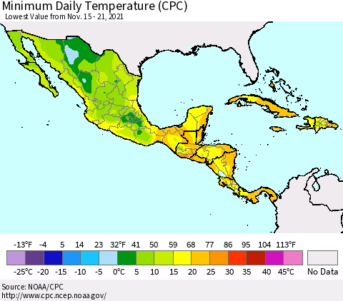 Mexico Central America and the Caribbean Minimum Daily Temperature (CPC) Thematic Map For 11/15/2021 - 11/21/2021