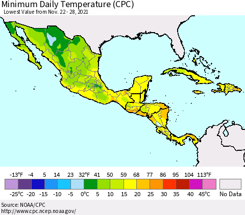 Mexico Central America and the Caribbean Minimum Daily Temperature (CPC) Thematic Map For 11/22/2021 - 11/28/2021