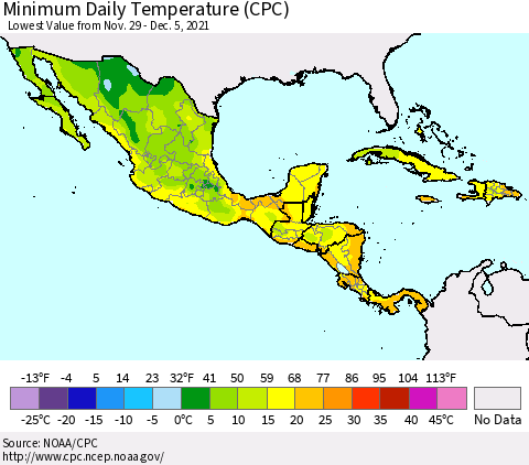 Mexico Central America and the Caribbean Minimum Daily Temperature (CPC) Thematic Map For 11/29/2021 - 12/5/2021