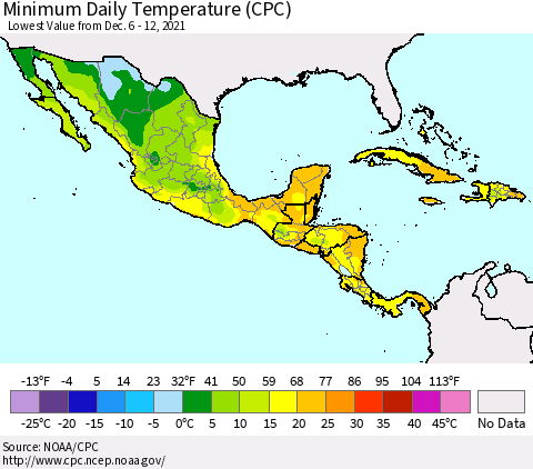 Mexico Central America and the Caribbean Minimum Daily Temperature (CPC) Thematic Map For 12/6/2021 - 12/12/2021