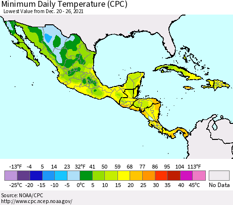 Mexico Central America and the Caribbean Minimum Daily Temperature (CPC) Thematic Map For 12/20/2021 - 12/26/2021