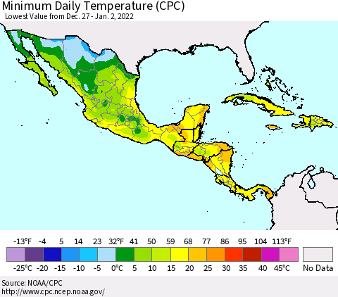 Mexico Central America and the Caribbean Minimum Daily Temperature (CPC) Thematic Map For 12/27/2021 - 1/2/2022