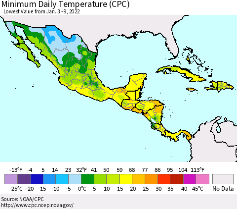 Mexico Central America and the Caribbean Minimum Daily Temperature (CPC) Thematic Map For 1/3/2022 - 1/9/2022