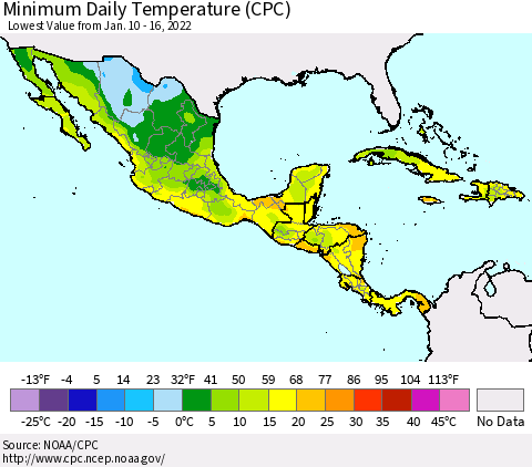 Mexico Central America and the Caribbean Minimum Daily Temperature (CPC) Thematic Map For 1/10/2022 - 1/16/2022