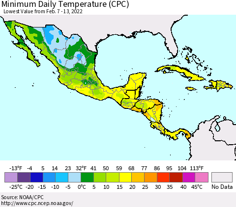 Mexico Central America and the Caribbean Minimum Daily Temperature (CPC) Thematic Map For 2/7/2022 - 2/13/2022