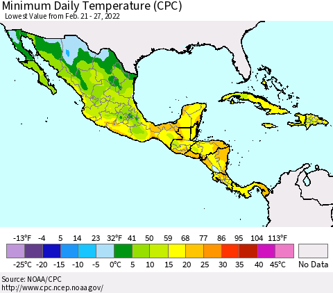 Mexico Central America and the Caribbean Minimum Daily Temperature (CPC) Thematic Map For 2/21/2022 - 2/27/2022