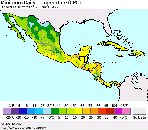 Mexico Central America and the Caribbean Minimum Daily Temperature (CPC) Thematic Map For 2/28/2022 - 3/6/2022