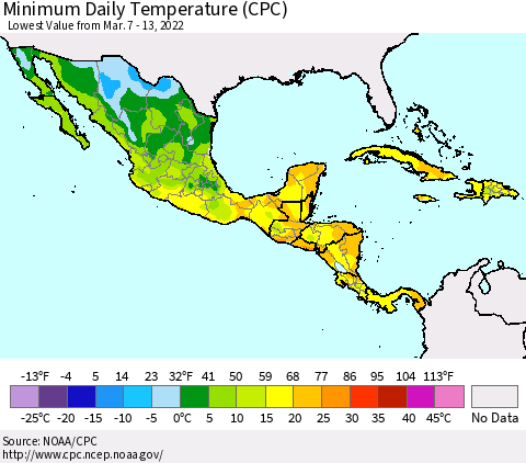 Mexico Central America and the Caribbean Minimum Daily Temperature (CPC) Thematic Map For 3/7/2022 - 3/13/2022