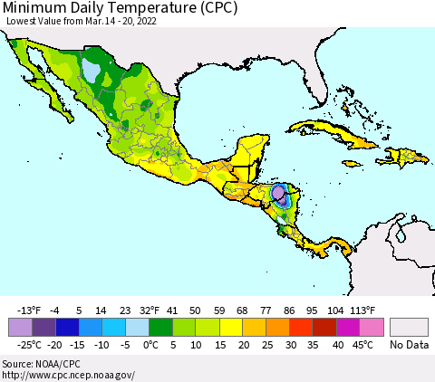 Mexico Central America and the Caribbean Minimum Daily Temperature (CPC) Thematic Map For 3/14/2022 - 3/20/2022
