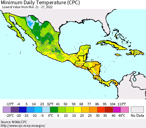 Mexico Central America and the Caribbean Minimum Daily Temperature (CPC) Thematic Map For 3/21/2022 - 3/27/2022