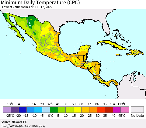 Mexico Central America and the Caribbean Minimum Daily Temperature (CPC) Thematic Map For 4/11/2022 - 4/17/2022